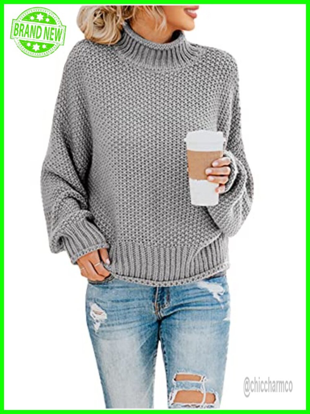 Oversized Turtleneck Chunky Knit Batwing Sleeve Womens Pullover Sweater